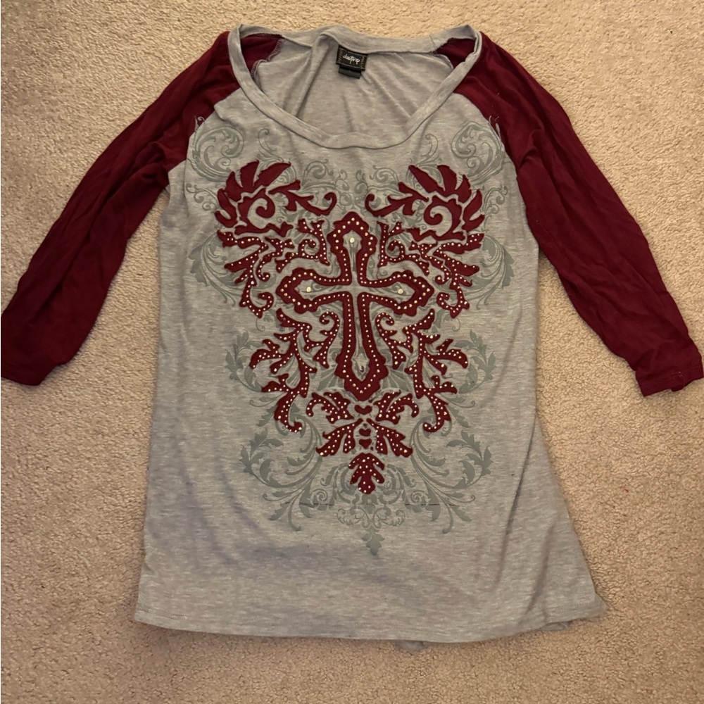 Women's Gray and Red Embellished Top